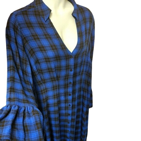 TORRID MINI GAUZE Long Bell Sleeve Royle Blue & Black Plaid Mini Dress 2X - Picture 6 of 14